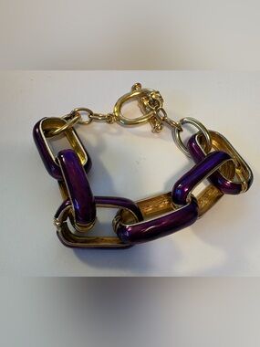 Vintage Kenneth Jay Lane Purple Enamel Chunky Gold Chain Link  Toggle Bracelet